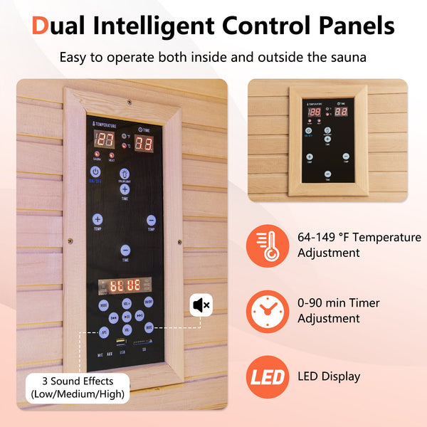 2 People Far Infrared Wooden Sauna Room with Free Red Light Therapy for Home